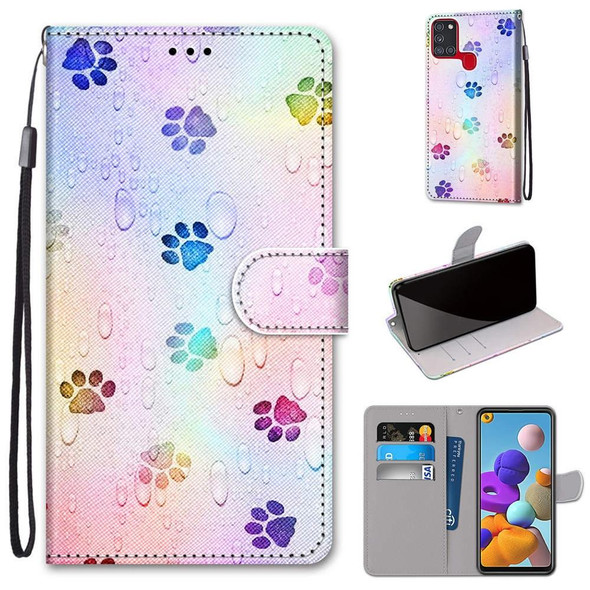 Samsung Galaxy A21s Coloured Drawing Cross Texture Horizontal Flip PU Leather Case with Holder & Card Slots & Wallet & Lanyard(Footprint Water Drops)