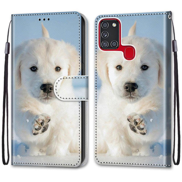 Samsung Galaxy A21s Coloured Drawing Cross Texture Horizontal Flip PU Leather Case with Holder & Card Slots & Wallet & Lanyard(Snow Puppy)