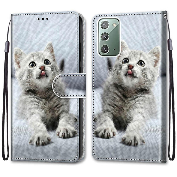 Samsung Galaxy Note 20 Coloured Drawing Cross Texture Horizontal Flip PU Leather Case with Holder & Card Slots & Wallet & Lanyard(Small Gray Cat)