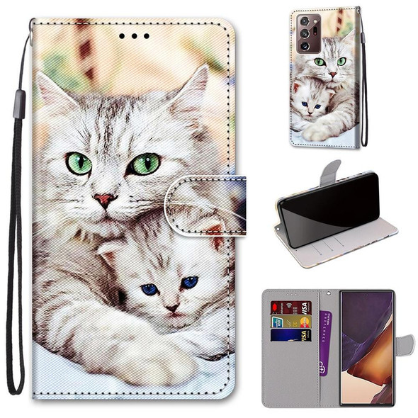 Samsung Galaxy Note20 Ultra Coloured Drawing Cross Texture Horizontal Flip PU Leather Case with Holder & Card Slots & Wallet & Lanyard(Big Cat Hugging Kitten)
