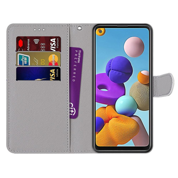 Samsung Galaxy A21s Coloured Drawing Cross Texture Horizontal Flip PU Leather Case with Holder & Card Slots & Wallet & Lanyard(Chrysanthemum Pink White Purple)