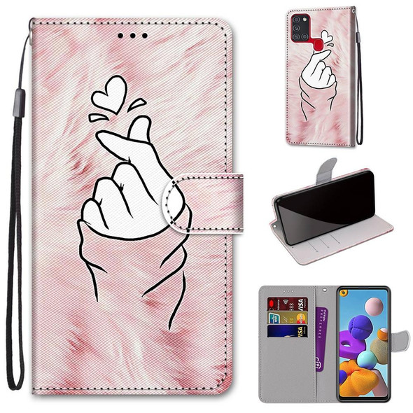 Samsung Galaxy A21s Coloured Drawing Cross Texture Horizontal Flip PU Leather Case with Holder & Card Slots & Wallet & Lanyard(Pink Hands Than Hearts)