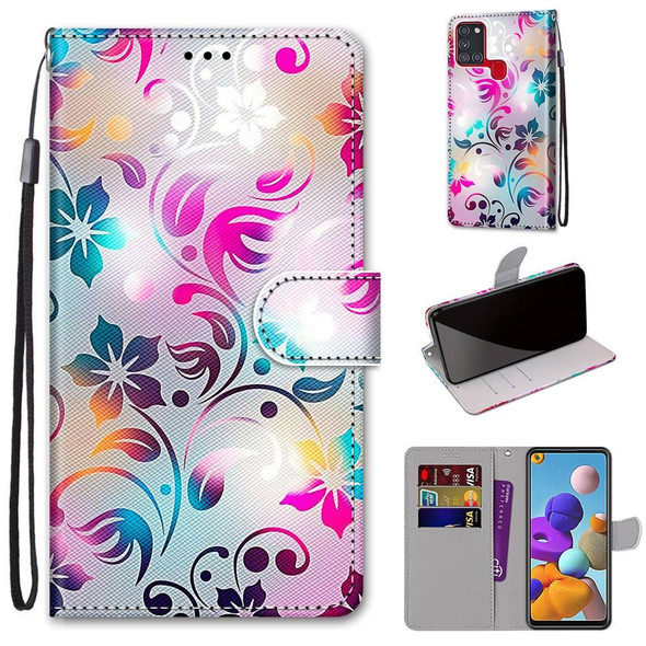 Samsung Galaxy A21s Coloured Drawing Cross Texture Horizontal Flip PU Leather Case with Holder & Card Slots & Wallet & Lanyard(Gradient Colorful Flower)