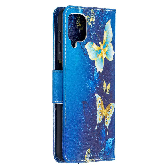 Samsung Galaxy A12 Colored Drawing Pattern Horizontal Flip Leather Case with Holder & Card Slots & Wallet(Blue Butterfly)