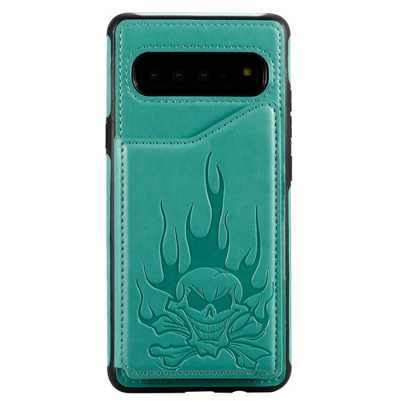 Galaxy S10 5G Skull Head Embossing Pattern Shockproof Protective Case with Holder & Card Slots & Wallet(Green)