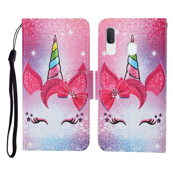 Samsung Galaxy A20 / A30 Colored Drawing Pattern Horizontal Flip Leather Case with Holder & Card Slots & Wallet & Lanyard(Eyelash Unicorn)