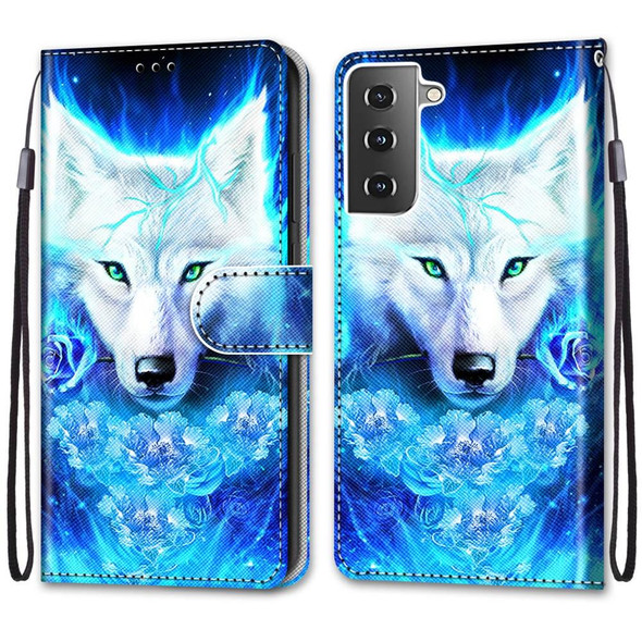 Samsung Galaxy S21+ 5G Coloured Drawing Cross Texture Horizontal Flip PU Leather Case with Holder & Card Slots & Wallet & Lanyard(Dick Rose Wolf)