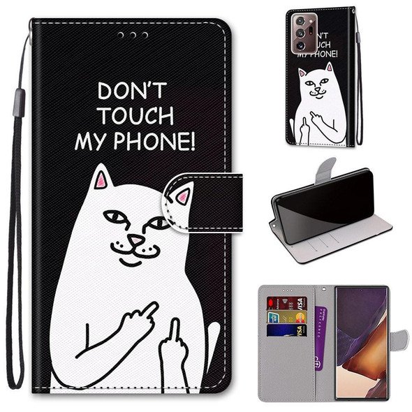 Samsung Galaxy Note20 Ultra Coloured Drawing Cross Texture Horizontal Flip PU Leather Case with Holder & Card Slots & Wallet & Lanyard(Middle Finger White Cat)