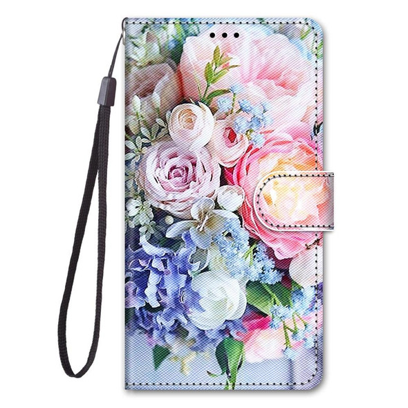 Samsung Galaxy A21s Coloured Drawing Cross Texture Horizontal Flip PU Leather Case with Holder & Card Slots & Wallet & Lanyard(Light Pink Bouquet)