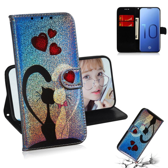 Colored Drawing Pattern Colorful Magnetic Buckle Horizontal Flip PU Leatherette Case with Holder & Card Slots & Wallet & Lanyard - Galaxy S10(Love Cat)