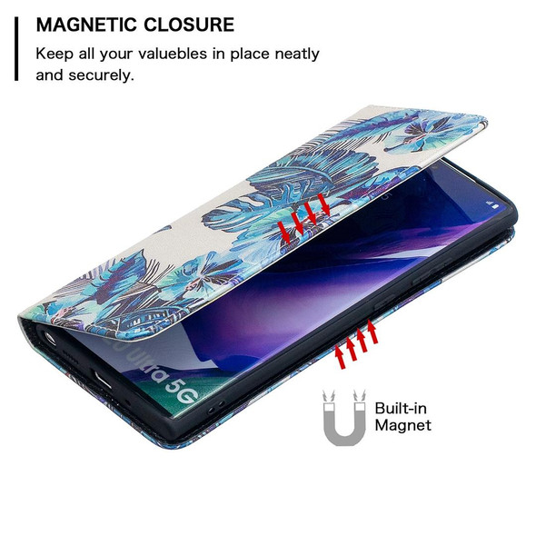 Samsung Galaxy Note20 Ultra Colored Drawing Pattern Invisible Magnetic Horizontal Flip PU Leather Case with Holder & Card Slots & Wallet(Blue Leaves)