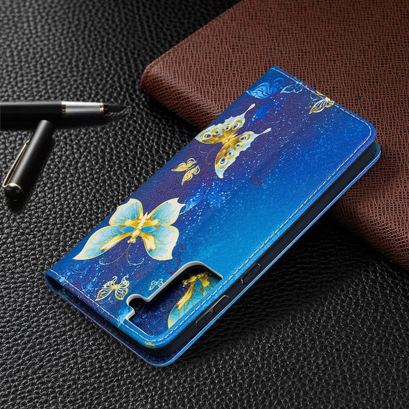Samsung Galaxy S21+ 5G Colored Drawing Pattern Invisible Magnetic Horizontal Flip PU Leather Case with Holder & Card Slots & Wallet(Gold Butterflies)