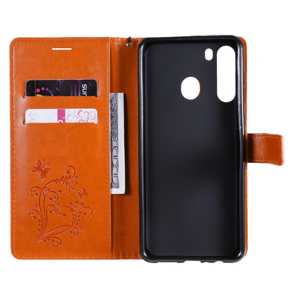 Samsung Galaxy A21 3D Butterflies Embossing Pattern Horizontal Flip Leather Case with Holder & Card Slot & Wallet(Orange)