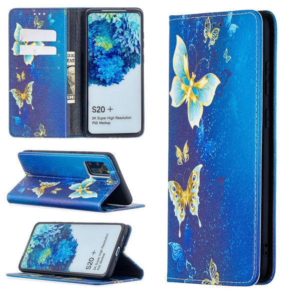 Samsung Galaxy S20 Plus Colored Drawing Pattern Invisible Magnetic Horizontal Flip PU Leather Case with Holder & Card Slots & Wallet(Gold Butterflies)