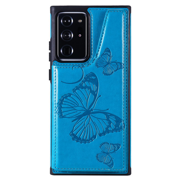 Butterfly Embossing Pattern Shockproof Protective Case with Holder & Card Slots & Photo Frame - Samsung Galaxy Note20 Ultra(Blue)