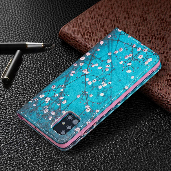 Samsung Galaxy A51 Colored Drawing Pattern Invisible Magnetic Horizontal Flip PU Leather Case with Holder & Card Slots & Wallet(Plum Blossom)