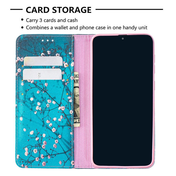 Samsung Galaxy A50 Colored Drawing Pattern Invisible Magnetic Horizontal Flip PU Leather Case with Holder & Card Slots & Wallet(Plum Blossom)