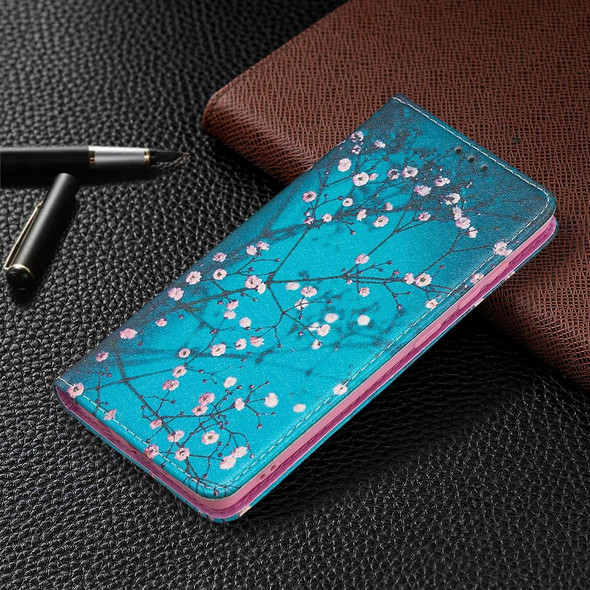 Samsung Galaxy A41 Colored Drawing Pattern Invisible Magnetic Horizontal Flip PU Leather Case with Holder & Card Slots & Wallet(Plum Blossom)