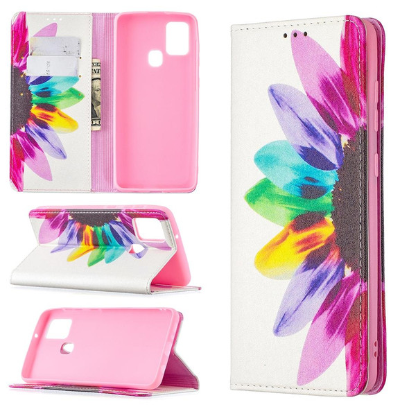 Samsung Galaxy A21s Colored Drawing Pattern Invisible Magnetic Horizontal Flip PU Leather Case with Holder & Card Slots & Wallet(Sun Flower)