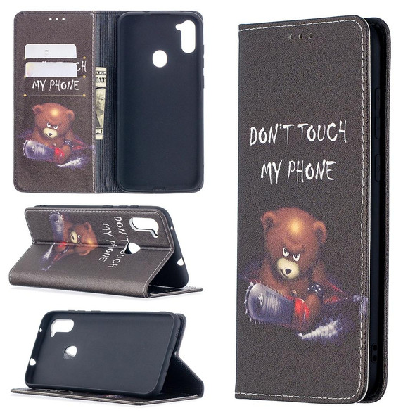 Samsung Galaxy A11 Colored Drawing Pattern Invisible Magnetic Horizontal Flip PU Leather Case with Holder & Card Slots & Wallet(Bear)