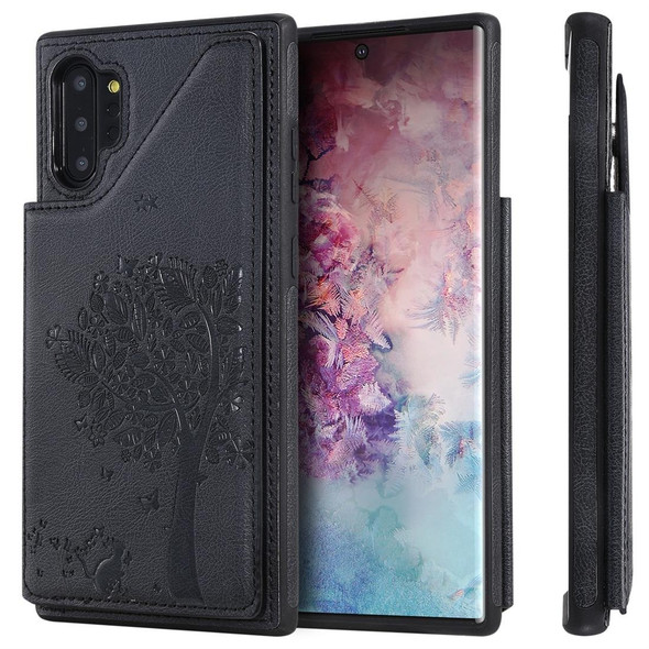 Galaxy Note 10+ Cat Tree Embossing Pattern Shockproof Protective Case with Card Slots & Photo Frame(Black)