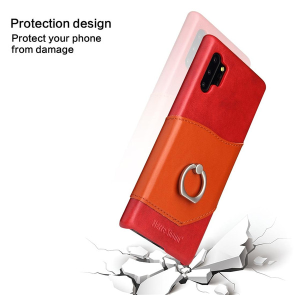 Fierre Shann Oil Wax Texture Genuine Leatherette Back Cover Case with 360 Degree Rotation Holder & Card Slot for Galaxy Note 10+(Red)