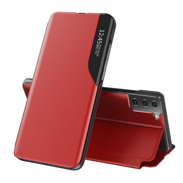 Samsung Galaxy S21 FE Side Display Shockproof Horizontal Flip Leather Case with Holder(Red)
