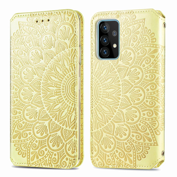 Samsung Galaxy A52 5G / 4G Blooming Mandala Embossed Pattern Magnetic Horizontal Flip Leather Case with Holder & Card Slots & Wallet(Yellow)