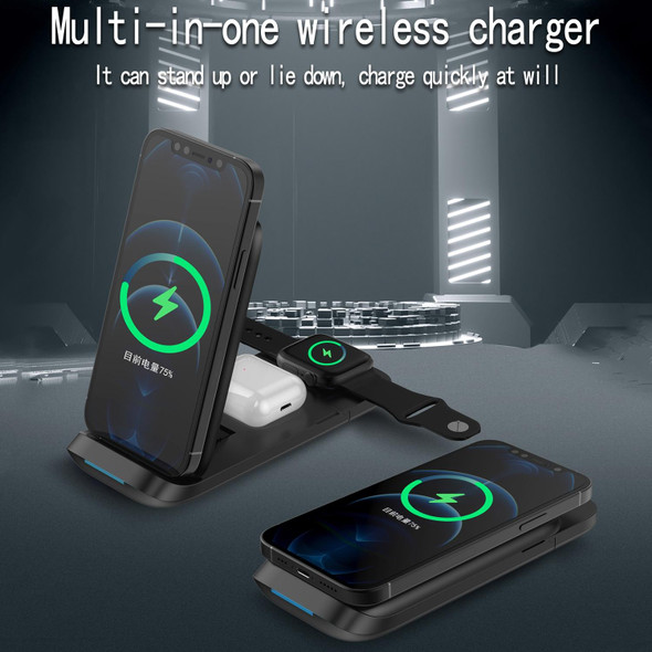 V8 3 in 1 Folding Portable Mobile Phone Watch Multi-Function Charging Stand Wireless Charger for iPhones & Apple Watch & Airpods (Black)
