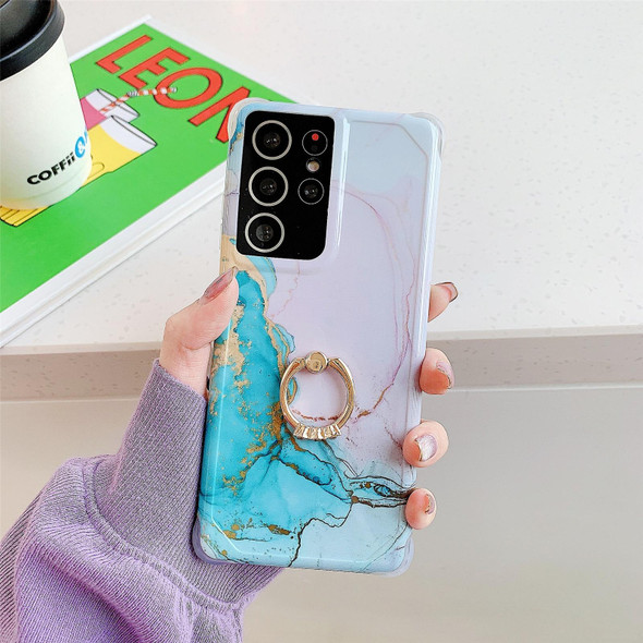 Four Corners Anti-Shattering Gold Marble IMD Phone Case with Metal Rhinestone Ring Holder - Samsung Galaxy A71 4G(Pink Blue LQ5)