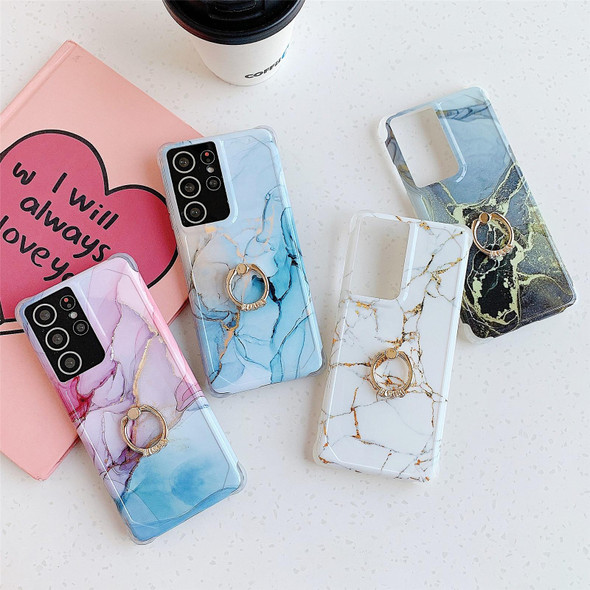 Four Corners Anti-Shattering Gold Marble IMD Phone Case with Metal Rhinestone Ring Holder - Samsung Galaxy S21 Plus 5G(Pink Blue LQ5)