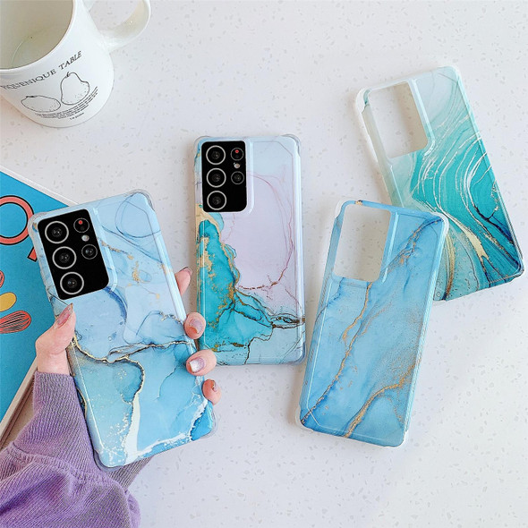 Samsung Galaxy S21 Plus 5G Four Corners Anti-Shattering Flow Gold Marble IMD Phone Back Cover Case(Pulper Blue LD3)