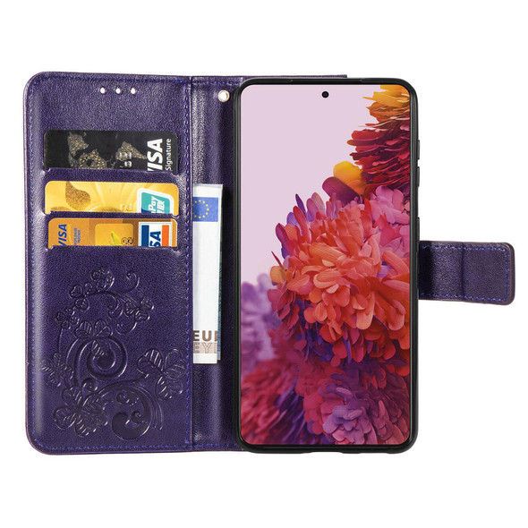 Four-leaf Clasp Embossed Buckle Mobile Phone Protection Leather Case with Lanyard & Card Slot & Wallet & Bracket Function - Samsung Galaxy S21 Ultra 5G(Purple)