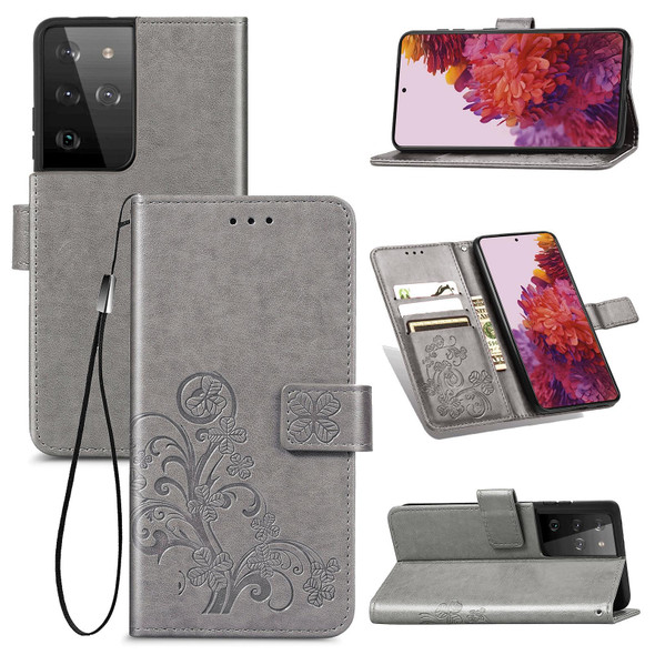 Four-leaf Clasp Embossed Buckle Mobile Phone Protection Leather Case with Lanyard & Card Slot & Wallet & Bracket Function - Samsung Galaxy S21 Ultra 5G(Grey)