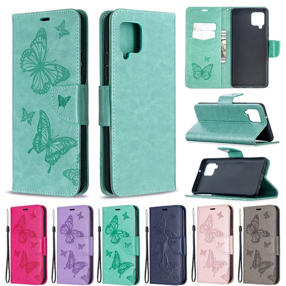 Samsung Galaxy A42 5G Embossing Two Butterflies Pattern Horizontal Flip PU Leather Case with Holder & Card Slot & Wallet & Lanyard(Green)