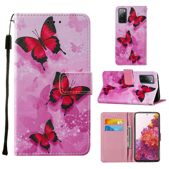 Samsung Galaxy S20 FE 5G Colored Drawing Pattern Horizontal Flip Leather Case with Holder & Card Slot & Lanyard(Pink Butterfly)