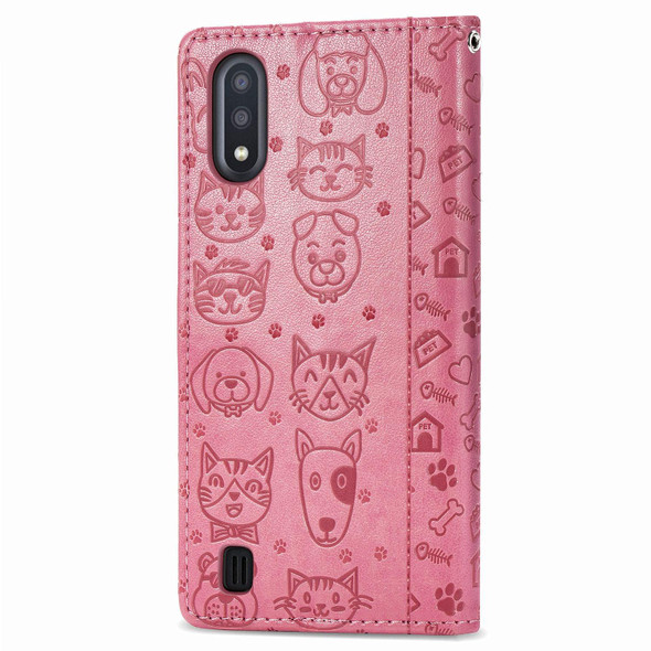Galaxy A01 (US Edition) Cute Cat and Dog Embossed Horizontal Flip Leather Case with Bracket / Card Slot / Wallet / Lanyard(Pink)