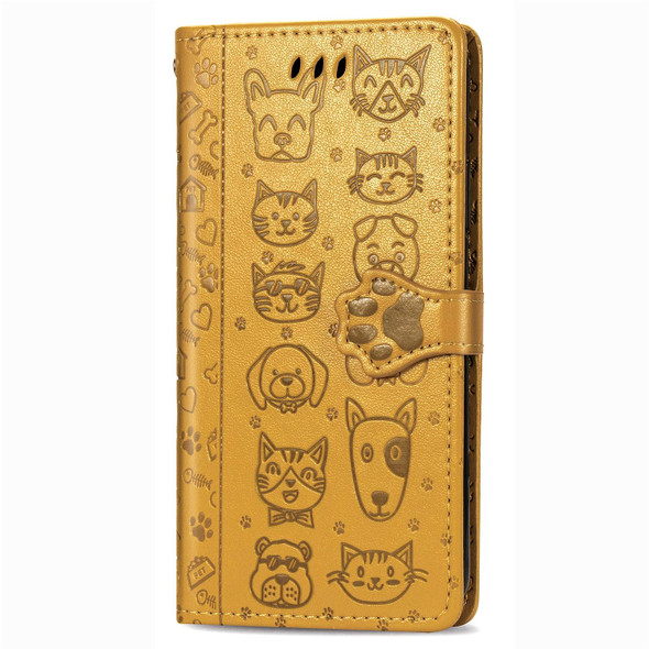 Galaxy A01 (US Edition) Cute Cat and Dog Embossed Horizontal Flip Leather Case with Bracket / Card Slot / Wallet / Lanyard(Yellow)
