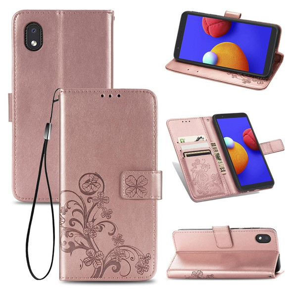 Samsung Galaxy A01 Core Four-leaf Clasp Embossed Buckle Mobile Phone Protection Leather Case with Lanyard & Card Slot & Wallet & Holder(Rose Gold)