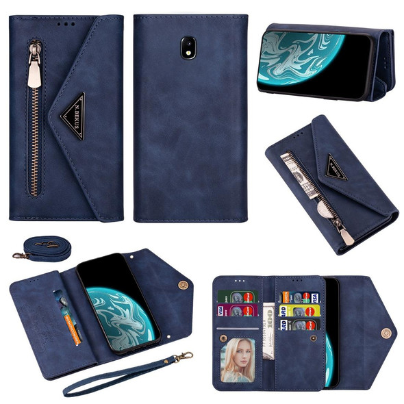 Samsung Galaxy J7 (2017) / J730 EU Version Skin Feel Zipper Horizontal Flip Leather Case with Holder & Card Slots & Photo Frame & Lanyard & Long Rope(Blue)