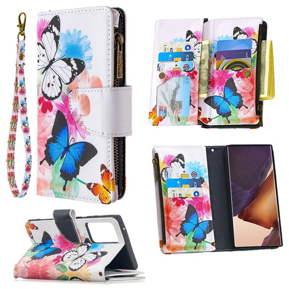 Samsung Galaxy Note20 Ultra 5G Colored Drawing Pattern Zipper Horizontal Flip Leather Case with Holder & Card Slots & Wallet(Two Butterflies)