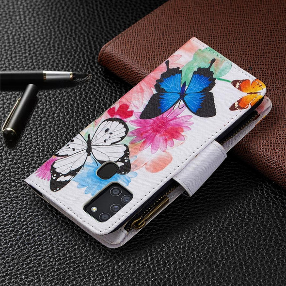 Samsung Galaxy A21s Colored Drawing Pattern Zipper Horizontal Flip Leather Case with Holder & Card Slots & Wallet(Two Butterflies)
