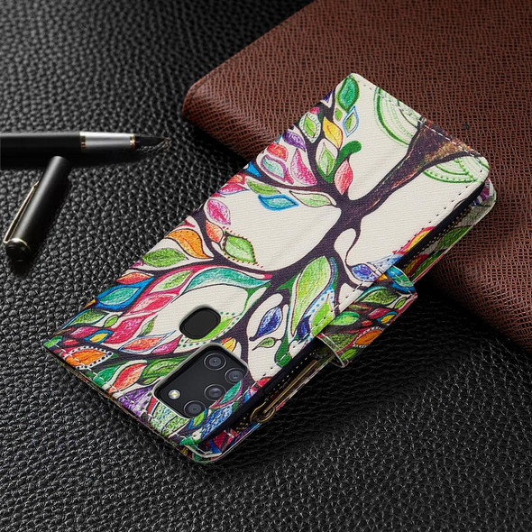 Samsung Galaxy A21s Colored Drawing Pattern Zipper Horizontal Flip Leather Case with Holder & Card Slots & Wallet(Tree)