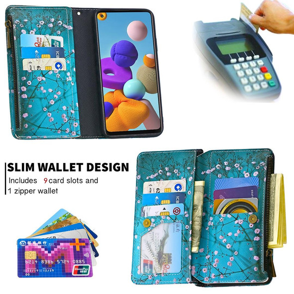 Samsung Galaxy A21s Colored Drawing Pattern Zipper Horizontal Flip Leather Case with Holder & Card Slots & Wallet(Plum Blossom)