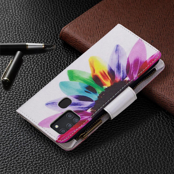 Samsung Galaxy A21s Colored Drawing Pattern Zipper Horizontal Flip Leather Case with Holder & Card Slots & Wallet(Sun Flower)