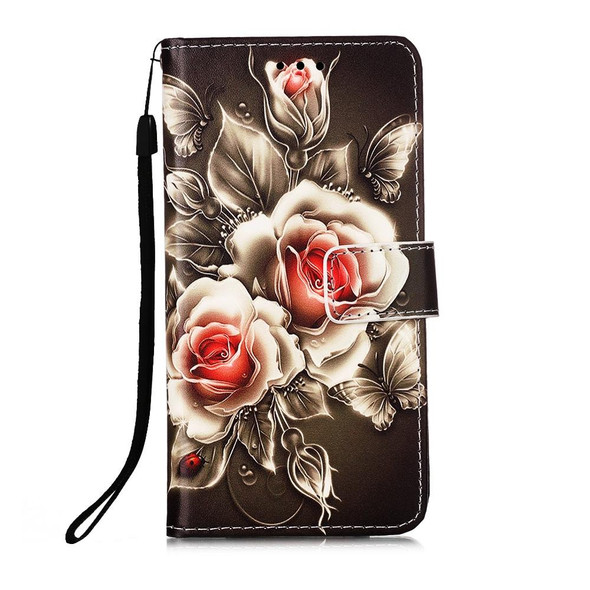 Samsung Galaxy Note20 Ultra Colored Drawing Pattern Plain Weave Horizontal Flip Leather Case with Holder & Card Slot & Wallet & Lanyard(Roses On Black)