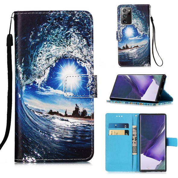 Samsung Galaxy Note20 Ultra Colored Drawing Pattern Plain Weave Horizontal Flip Leather Case with Holder & Card Slot & Wallet & Lanyard(Waves And Sun)