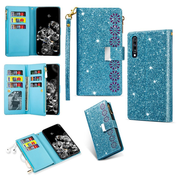 Samsung Galaxy A70 / A70s Multi-card Slots Starry Sky Laser Carving Glitter Zipper Horizontal Flip Leather Case with Holder & Wallet & Lanyard(Sky Blue)