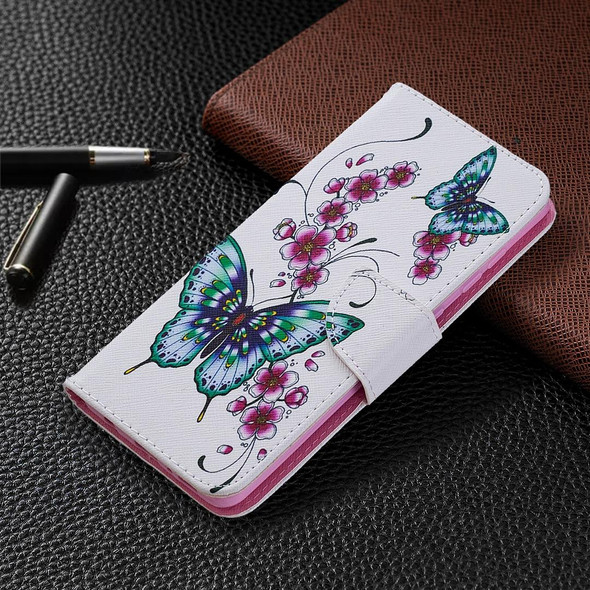 Samsung Galaxy A21s Colored Drawing Horizontal Flip Leather Case with Holder & Card Slots & Wallet(Peach Blossom and Butterfly)