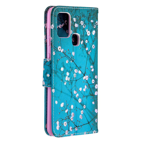 Samsung Galaxy A21s Colored Drawing Pattern Horizontal Flip Leather Case with Holder & Card Slots & Wallet(Plum Blossom)